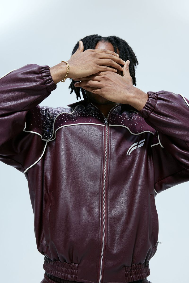 RVS Labs Maroon Leather "Astral" Zip Track Jacket