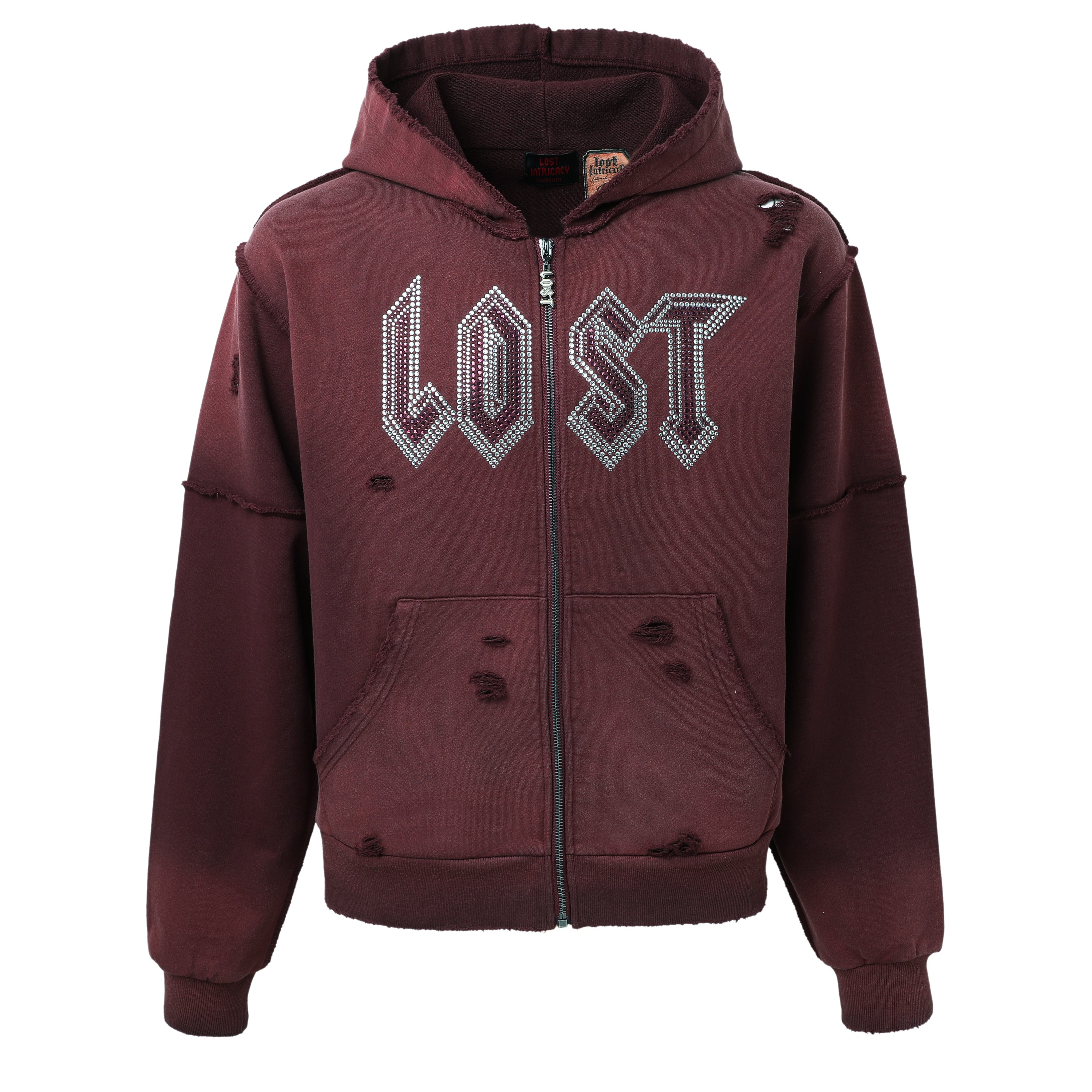 Lost Intricacy Burgundy Rhinestone Zip-Up Hoodie