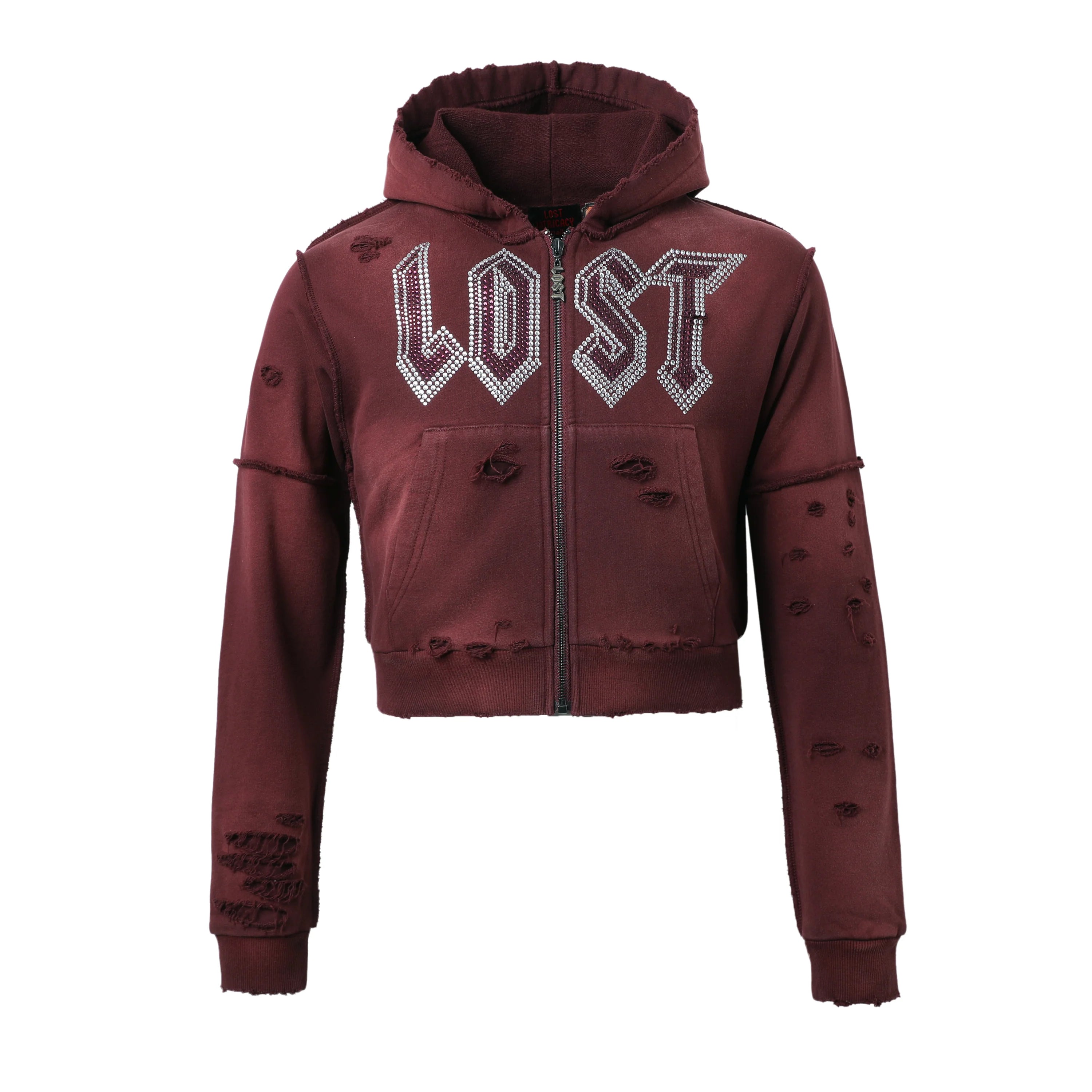 Lost Intricacy Burgundy Women Rhinestone Zip-Up Hoodie