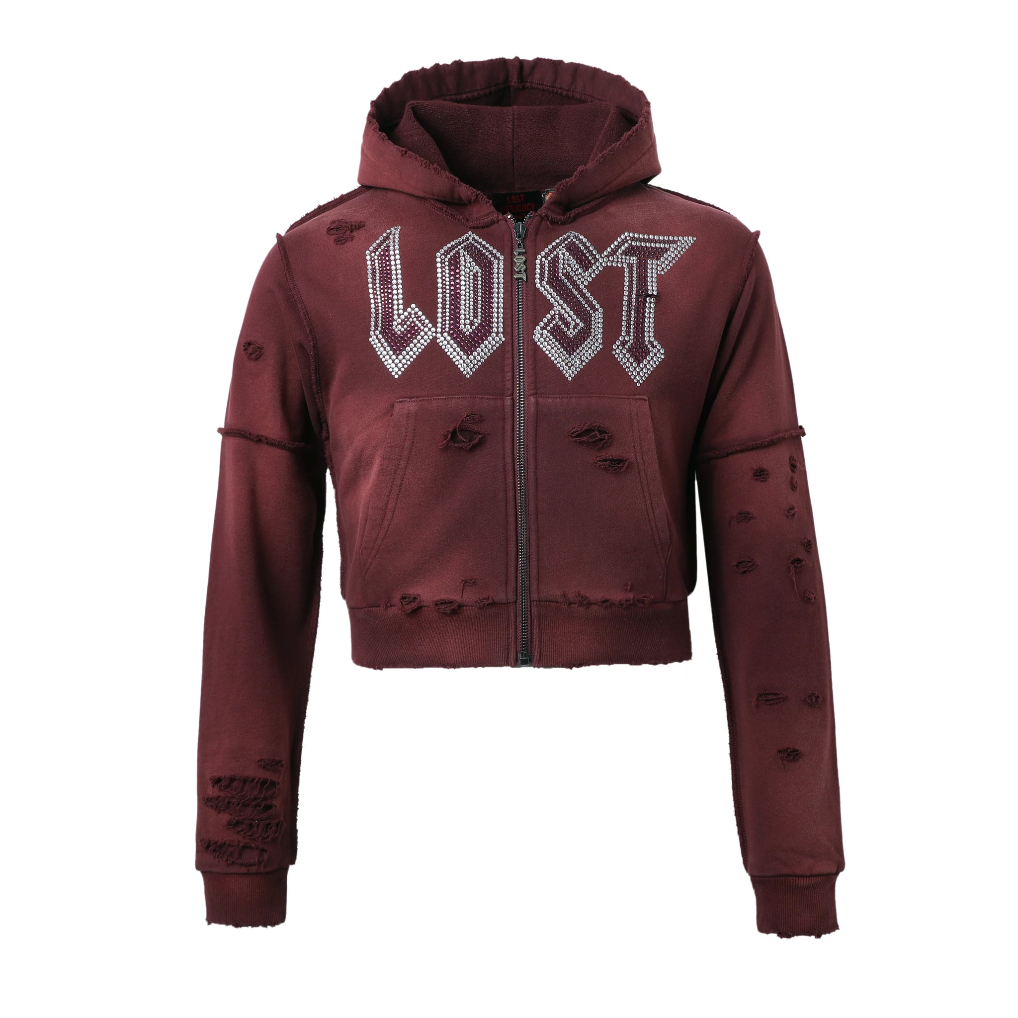 Lost Intricacy Maroon Women Rhinestone Zip-Up Hoodie