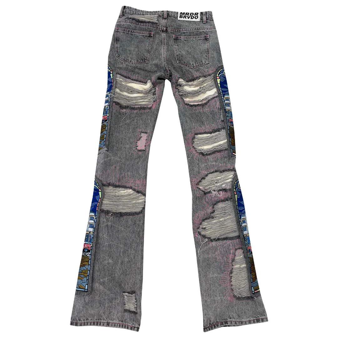 Who Decides War "Stained Glass" Vintage Grey Denim Jeans