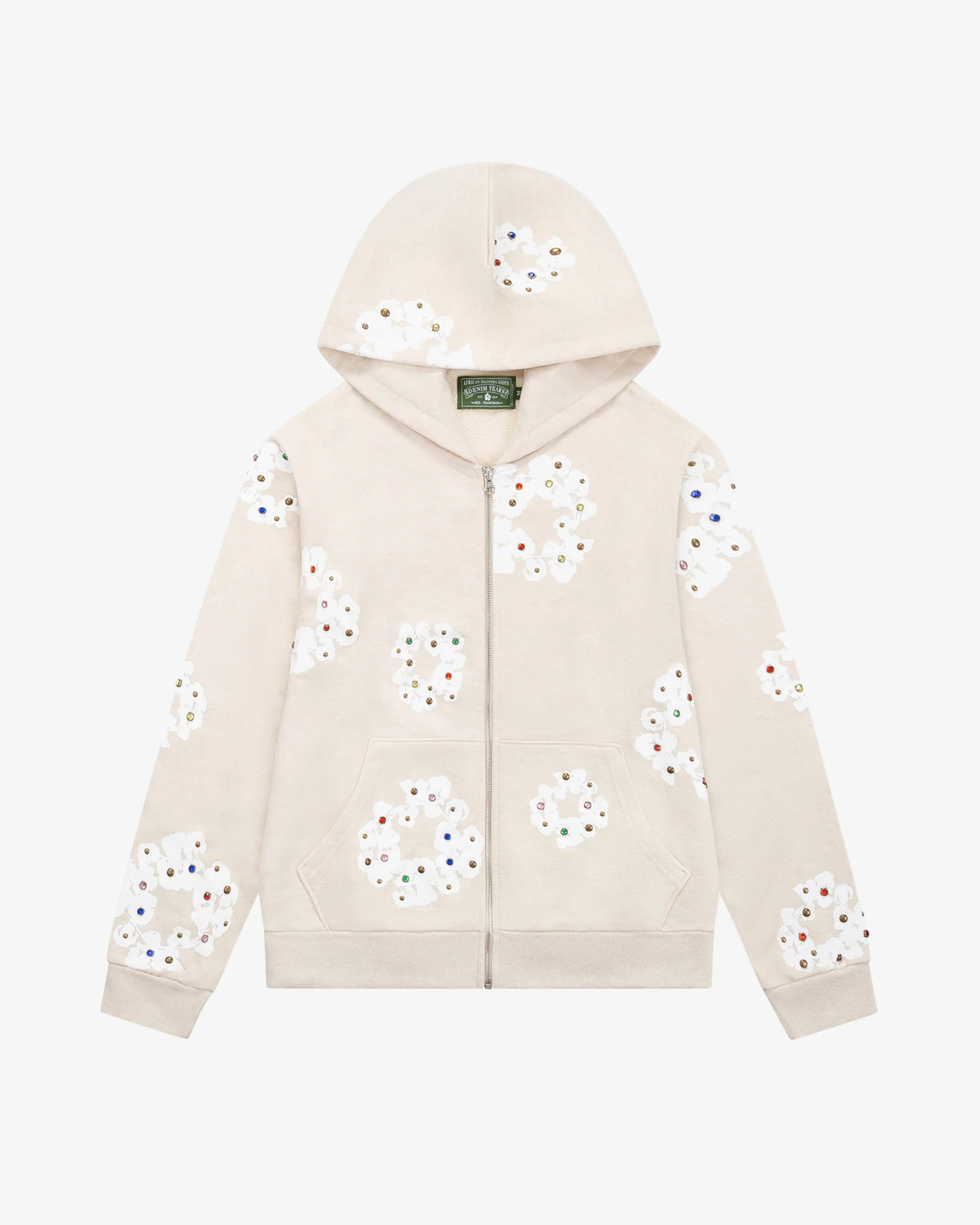Denim Tears Rhinestone Cream Zip-Up Hoodie