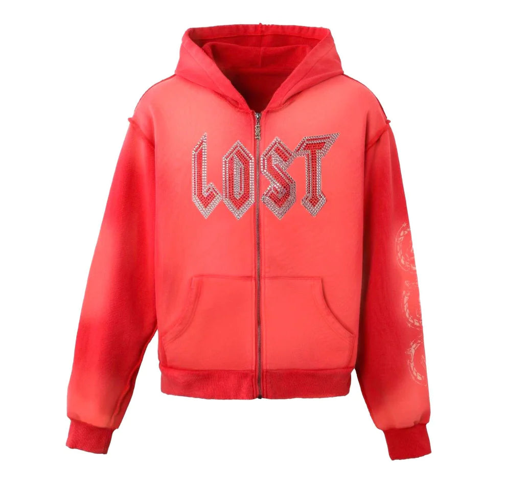 Lost Intricacy "Washed Red Rhinestone" Zip Up Hoodie