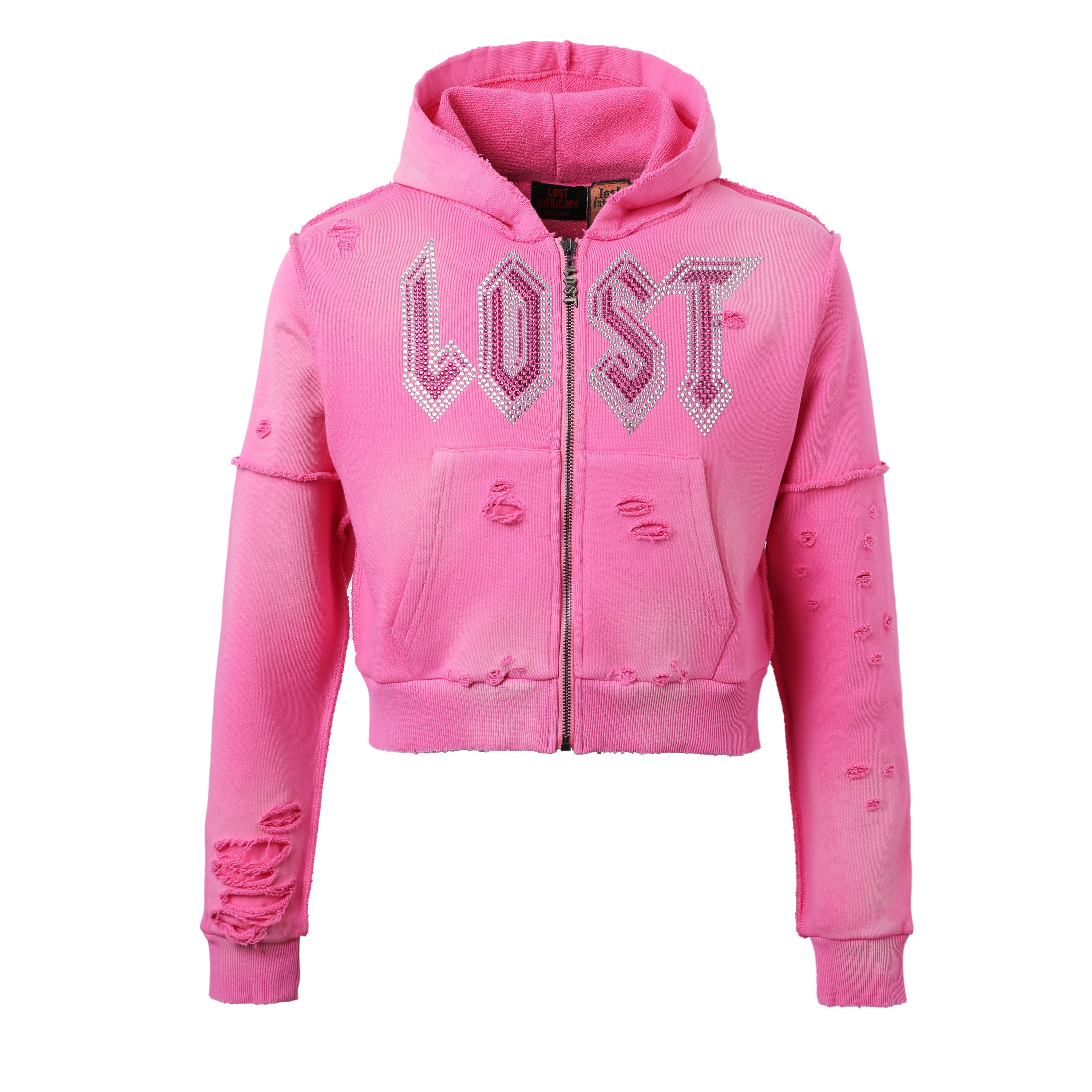 Lost Intricacy Distressed Pink Rhinestone Women's Zip-Up Hoodie