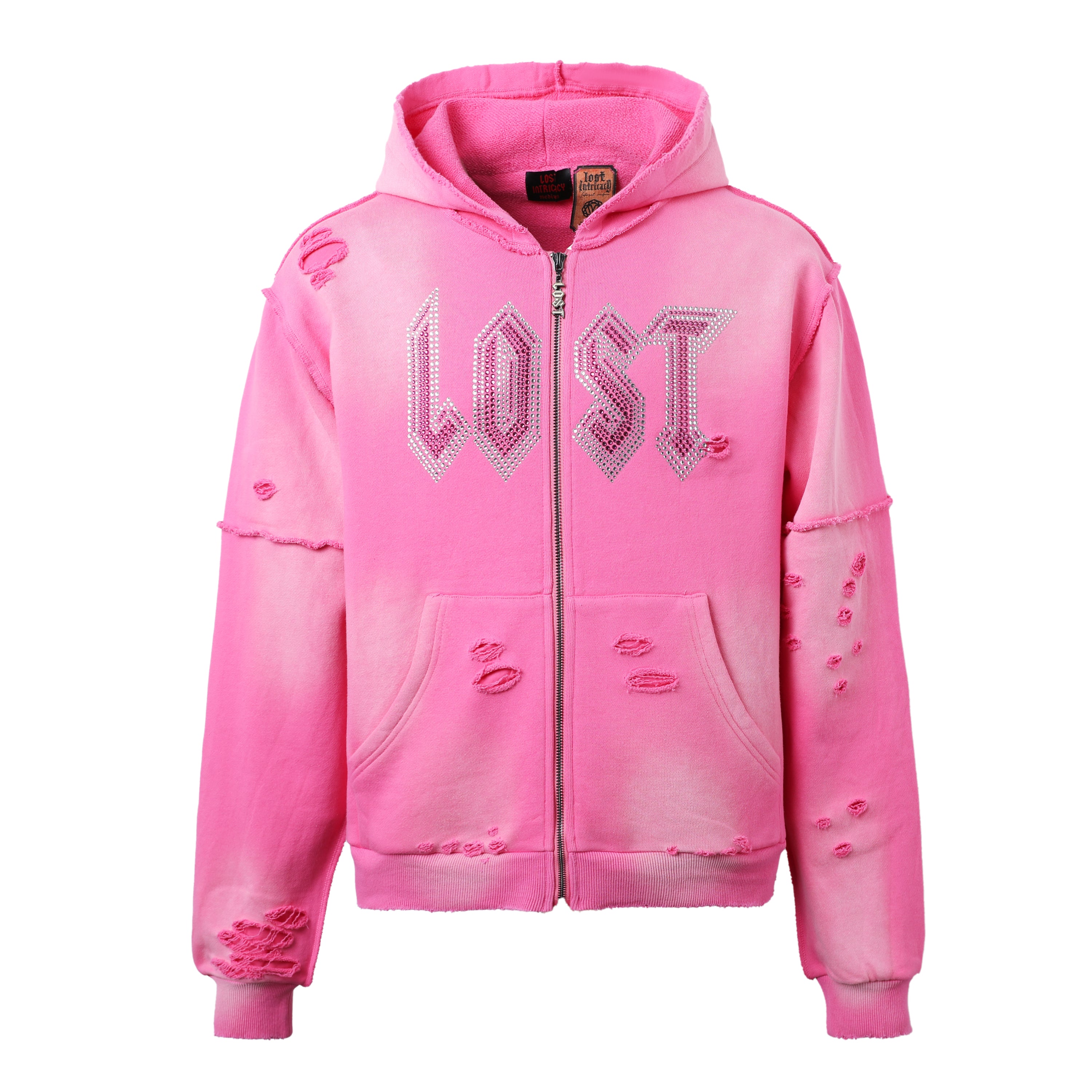Lost Intricacy Distressed Pink Rhinestone Zip-Up Hoodie