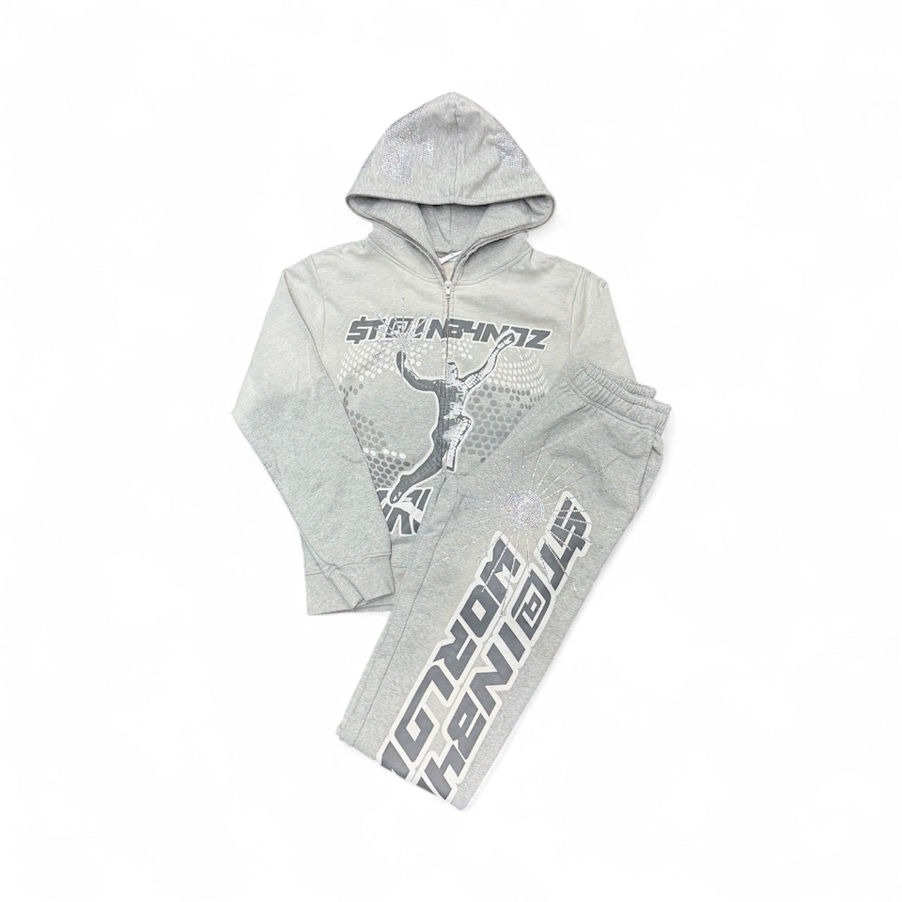 SB Studios "Worldwide" Grey Rhinestone Sweatsuit