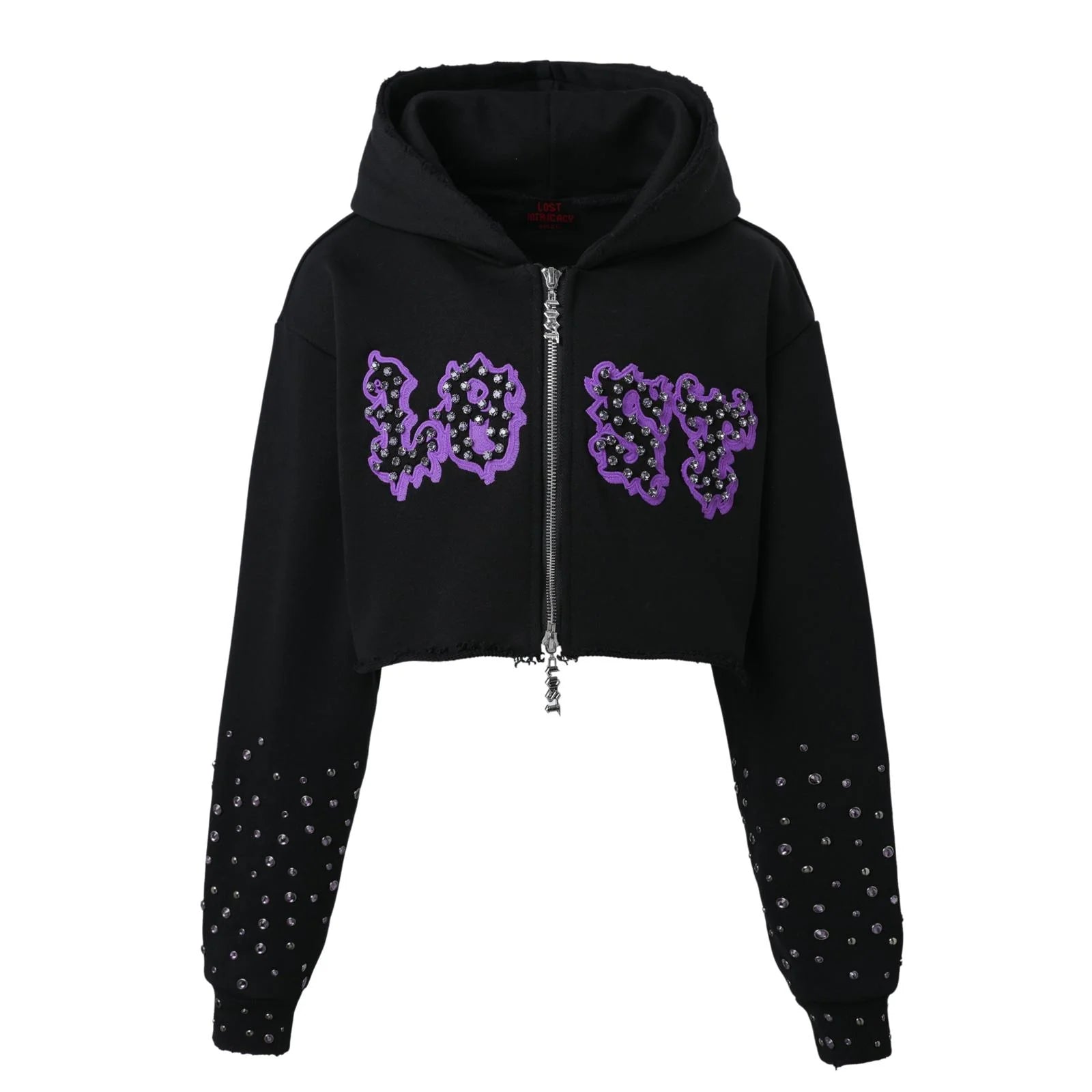 Lost Intricacy "Patches" Black & Purple Cropped Zip-Up Hoodie (Women)