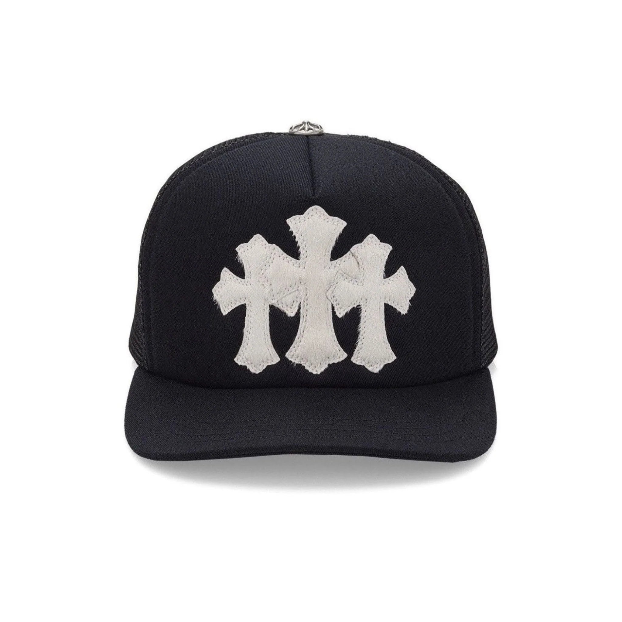Chrome Hearts "Calf Hair" Cemetery Cross Black/White Trucker Hat