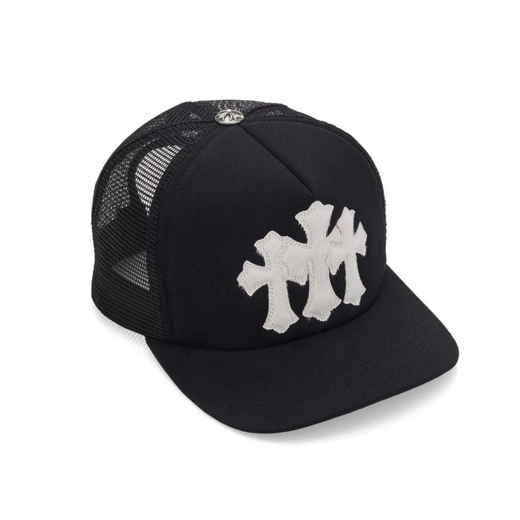 Chrome Hearts "Calf Hair" Cemetery Cross Black/White Trucker Hat