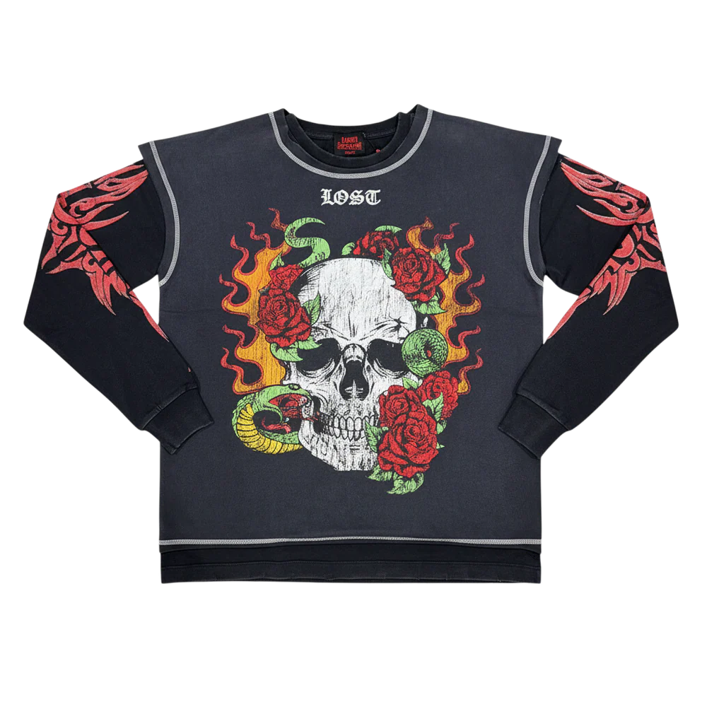 Lost Intricacy "Skully Double" Black Rhinestone Long Sleeve T-Shirt