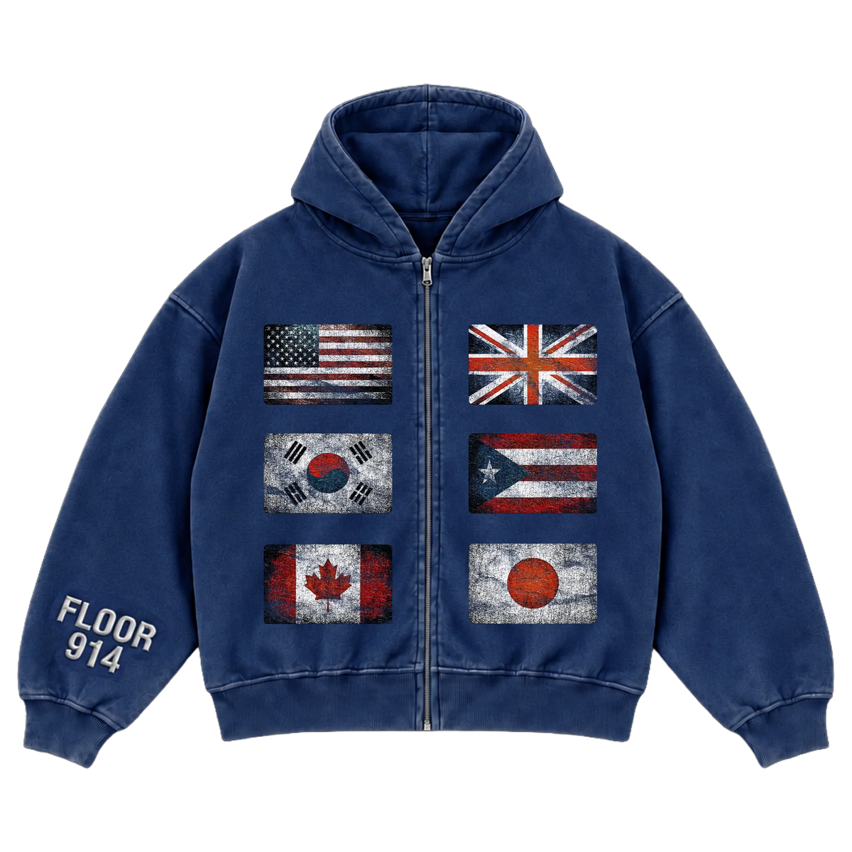 FLR 914 "Flags" Navy Blue Zip-Up Hoodie
