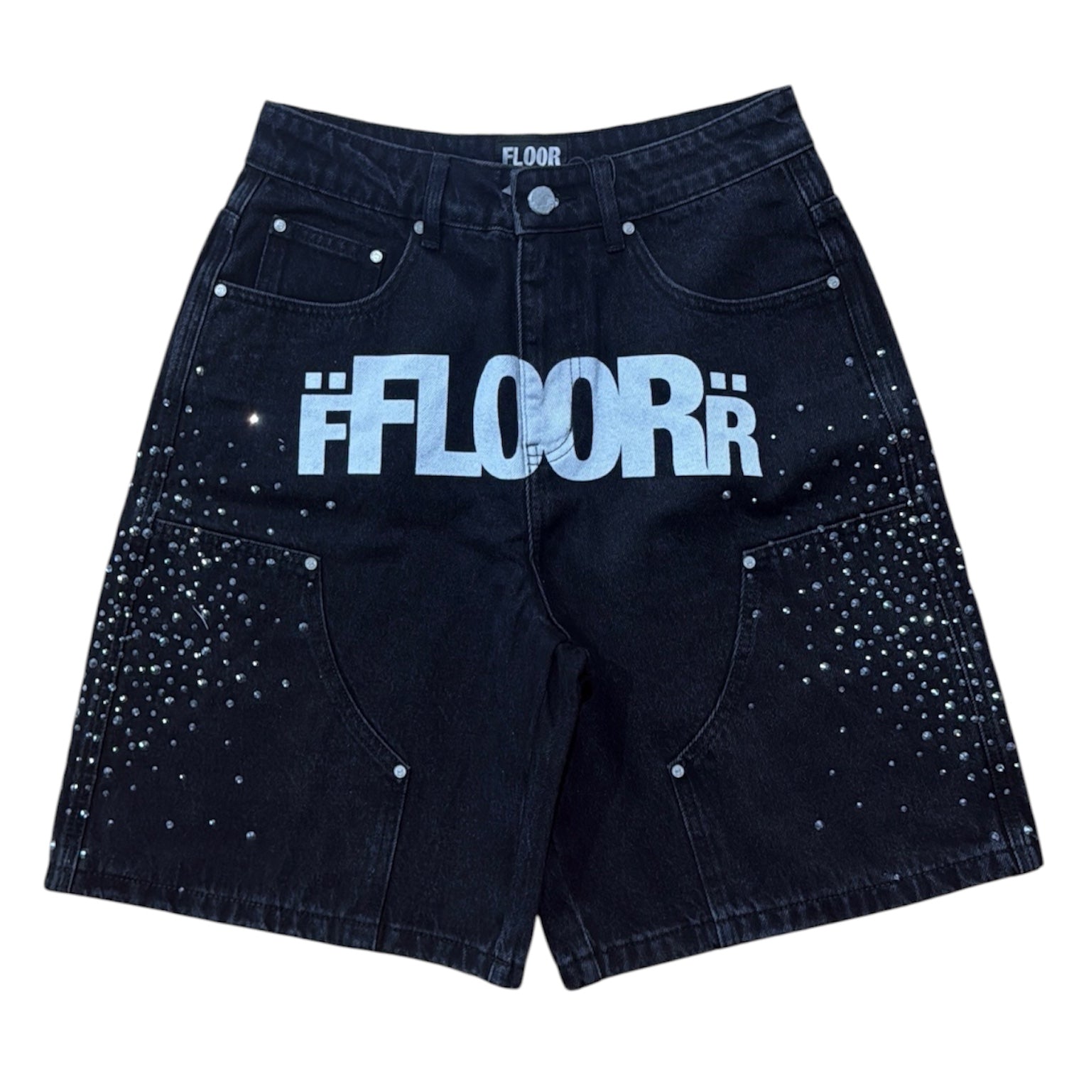 Floor 914 "Uniform" Jean Shorts (Black Rhinestone)