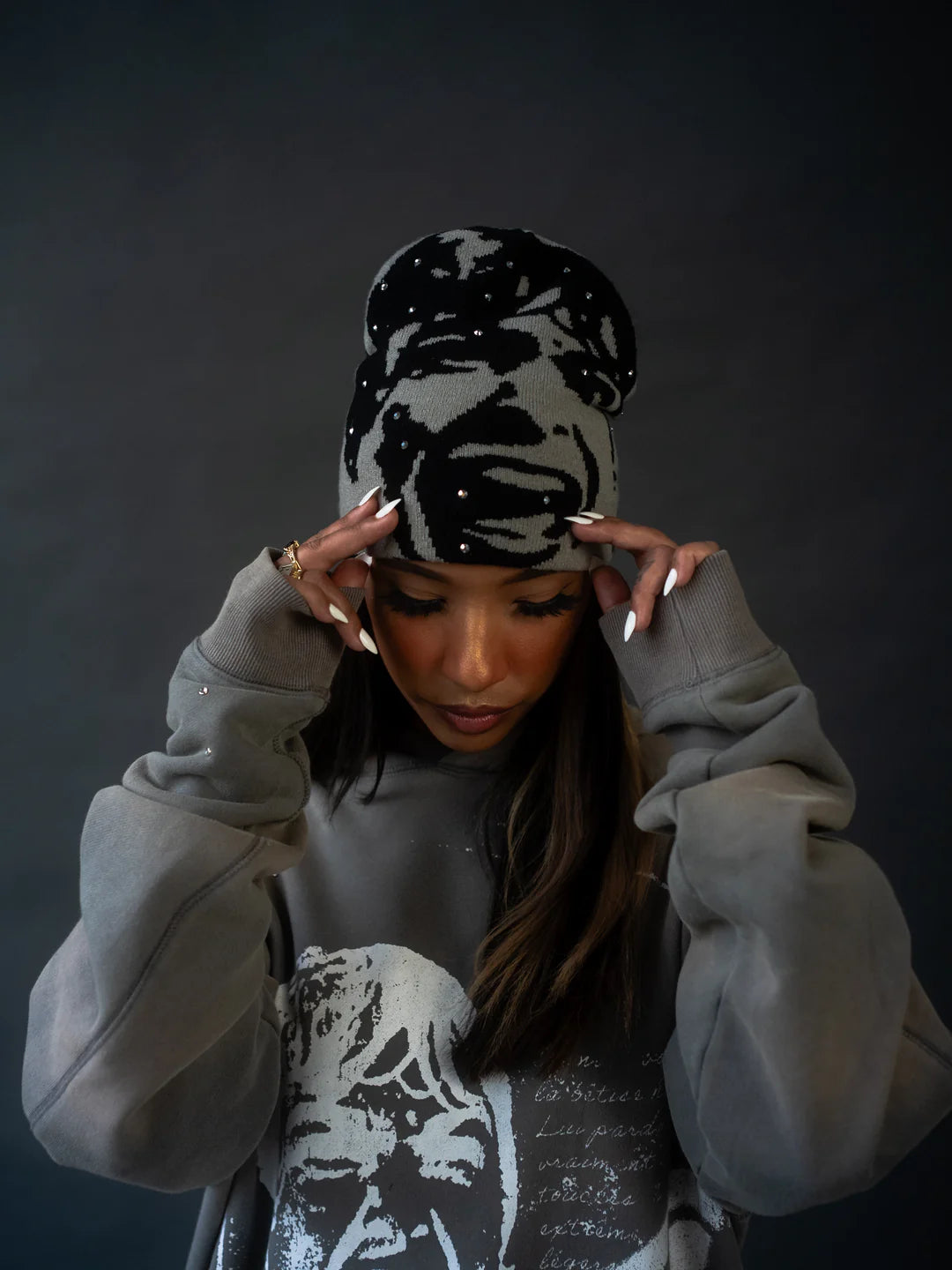 RVS Labs  "Scream" Grey Rhinestone Beanie