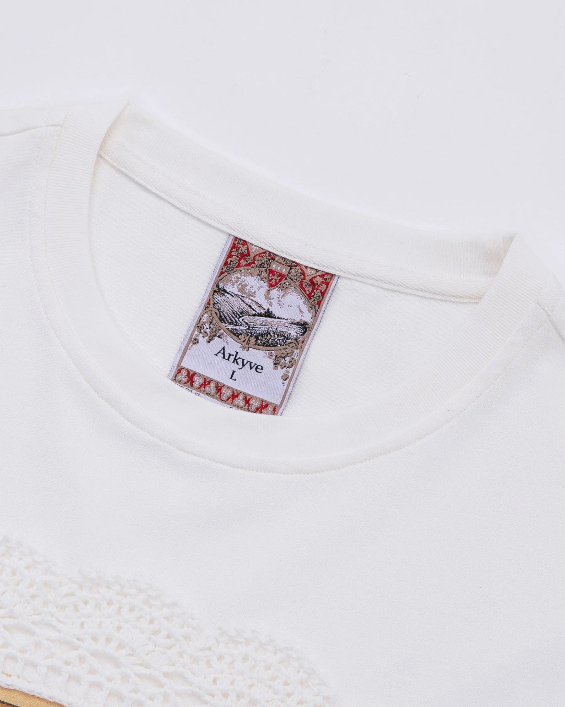 Arkyve "Crochet Wine Label" White T-Shirt